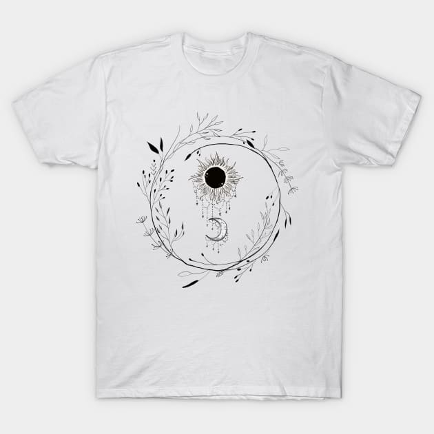 Sun and Moon Gothic Floral Design T-Shirt by thecolddots